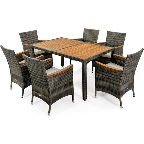 Salon de jardin en rotin 7 pièces – Table en acacia, ensemble repas de patio avec chaises empilables, coussins amovibles, capacité 180 kg par chaise, gris (1/4)