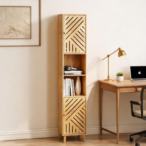 Meuble rangement haut avec étagères ouvertes et portes en bambou (1/5)