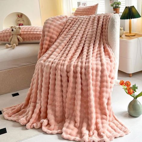 1 pièce Couverture 130x150 cm, Plaid fausse fourrure lapin, super douce et duveteuse, rose, pour canapé, lit ou voyage