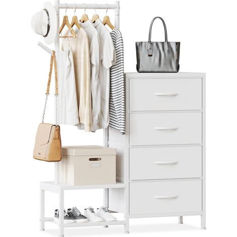 3-in-1 Kommode mit Kleiderständer, 4 Stoffschubladen, Schuhregal, Weiß (1/5)