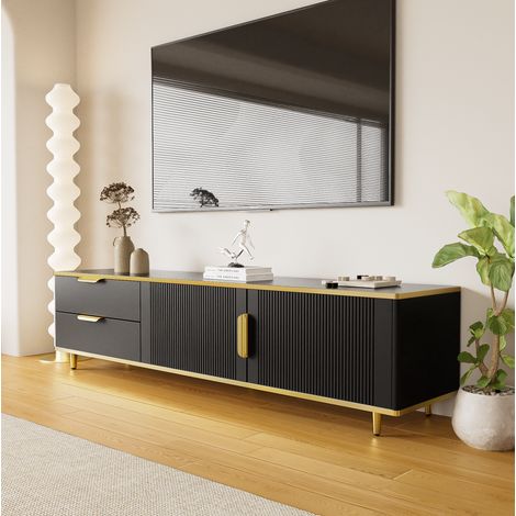 DESMIU Meuble TV 170 cm avec 2 tiroirs et 2 niches de rangement, portes sculptées, pour salon, noir et or (1/5)