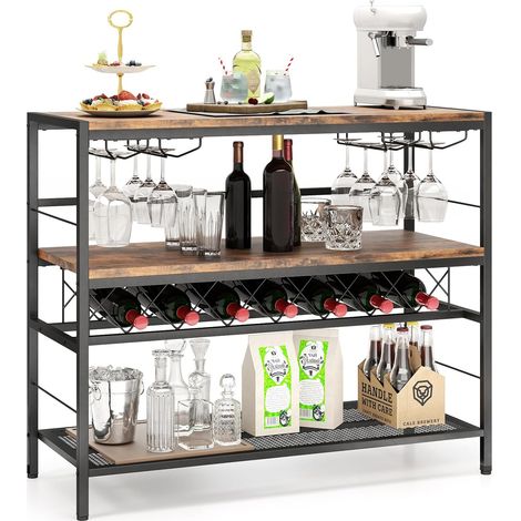 COSTWAY Mobile Portabottiglie di Vino e Calici da Terra, Scaffale Porta Vino su 3 Ripiani con Supporti per Bicchieri e Bottiglie, Tavolo Porta Vino da Bar, per Cucina e Soggiorno, Marrone Rustico (1/5)