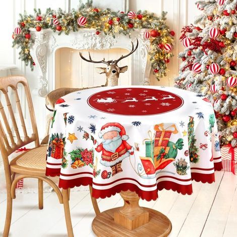 Nappe ronde de Noël d'hiver - Housse de table Père Noël 60 pouces - Pour fêtes intérieures, patio, cuisine d'hiver et plus encore - 1 feuille (1/5)