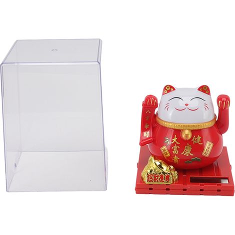 Chat Solaire Rouge Potelé Agitant la Patte, Porte-Bonheur Fortune et Richesse, Décoration Bureau Maison Taille Grande (1/5)