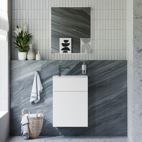 BERNSTEIN - Ensemble meuble vasque Blanc mat 50x26x72cm, Lavabo fonte minérale Blanc mat + Miroir LED dimmable 60x70cm (LxH) - KONDA