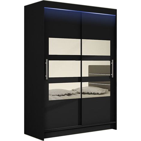 Mirjan24 – Armoire coulissante noire 200x120x58cm – 2 portes – 5 étagères – Éclairage LED – Matériau stratifié – Fabriqué en Union européenne