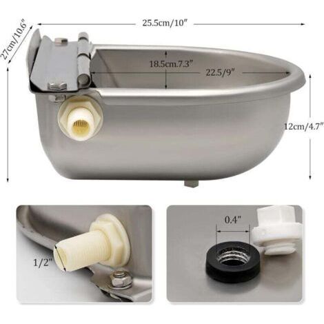 Abreuvoir à eau en acier inoxydable avec bouchon de vidange et valve à flotteur réglable pour cheval, chien, bétail, chèvre, mouton, cochon, abreuvoir automatique pour le bétail (1/4)