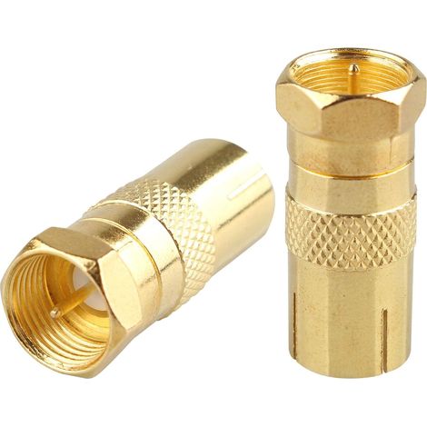 Lot de 2 coupleurs coaxiaux dorés pour antenne TV coaxial de type T/F - Pour TV/T - Connecteur F mâle vers prise TV femelle (1/5)