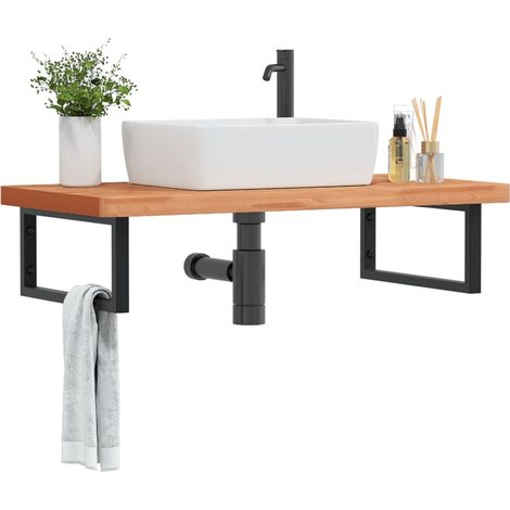 Waschbeckenregal Wandmontage Stahl und Massivholz Buche