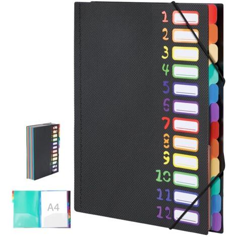 Trieur 12 Compartiments A4, 180° Lay-Flat Open Trieur Document, Classeur Rangement Documents avec bande élastique, Organiseur A4 noir avec étiquettes Rainbow Label, idéal pour bureau et école
