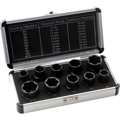 Jeu de douilles spiralées/extracteur de vis 10 mm (3/8") profil hélicoïdal 9-19 mm 10 pièces (1/4)