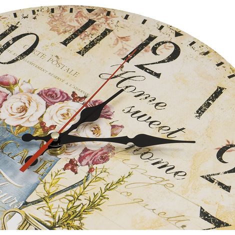Horloge murale en bois de 30 cm (12 pouces) / horloge de cuisine de style champêtre pour la cuisine, le bureau, le salon et la chambre (Café & Fleurs) (1/5)