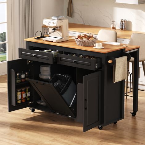 Îlot de cuisine 120x40-75x92 cm noir en MDF avec plan extensible, prises intégrées et roulettes (1/5)