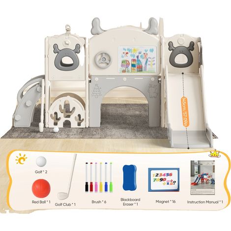 Ensemble de toboggan pour tout-petits, 7 activités de jeu, aire de jeux intérieure sécurisée, Gris clair (1/2)