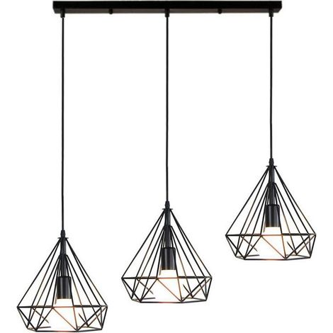 Pendelleuchte Vintage Schwarz, Hängelampe Diamant Käfig E27 Rechteckig Basis für Esstisch Küche Wohnzimmer Cafét (3-Flammige)