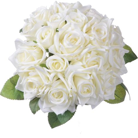 Roses Artificielles - Bouquet de 9 Têtes - Fleurs en Soie et Tige en Plastique Renforcée avec Fil Métallique - Décoration Mariage Bureau Jardin Fête - Lot de 2