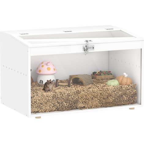 PawHut jaula para hámster con tapa abatible y ventana de acrílico transparente para hámsters enanos jerbos pequeños 80x50x50 cm blanco (1/5)