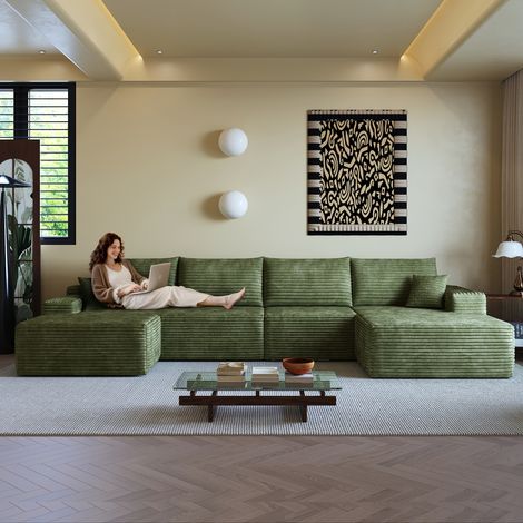 Sofá modular de 5 plazas de pana con asiento profundo y chaise longue, sin montaje, Verde