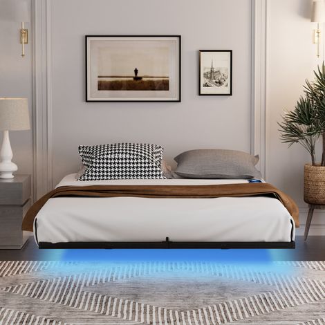 Bettgestell 160x200 Metall Schwebebett mit LED & USB, Schwarz Metallbett Modern Design (1/5)