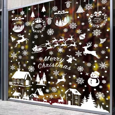 Autocollants blancs pour vitrines de Noël, guirlandes de Noël, flocons de neige, autocollants statiques, autocollants pour vitrines de traîneaux de rennes, décorations de Noël pour vitrines de magasin