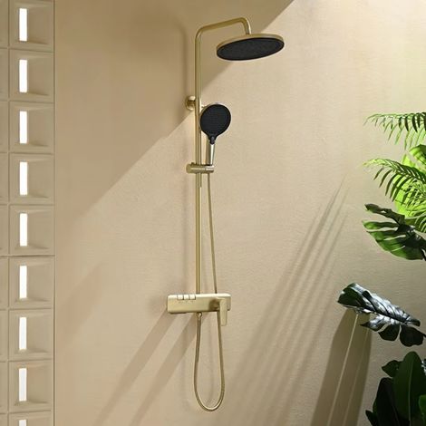 Ensemble robinetterie et douche de salle de bain moderne — Système de douche 3-en-1 effet cascade et pluie (Doré) (1/5)
