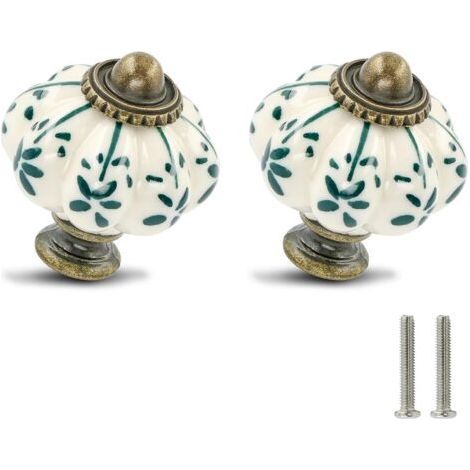 FENOPLASTICALot de 2 poignées de tiroir en céramique ivoire et verte, style vintage, avec vis, motif fleur verte (1/5)