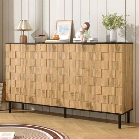 Buffet Sideboard Mosaïque - 160x35x80,5 cm - Meuble de Rangement 2 Portes avec Pieds en Métal - Aspect Bois Naturel (1/5)