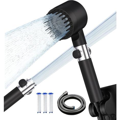 Pommeau de Douche Haute Pression, Pommeau douche Anti Calcaire avec Filtre Economie Deau, 3+1 Types de Jets ,Douche Salle de Bain avec Bouton D'arrêt D'eau,avec Tuyau1.5M et Support,Noir (1/5)