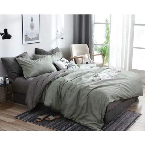 Housse de couette - Microfibre - 200x200cm - Vert - 2 Taies d'oreiller - Design réversible (1/3)