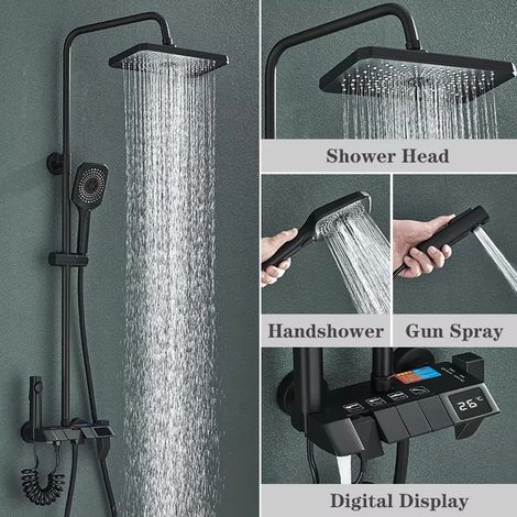 Ensemble de douche numérique Piano 4 fonctions (noir avec affichage numérique) : robinetterie de salle de bain, jet d'eau chaude et froide, effet cascade, robinet à affichage numérique et système de d (1/5)