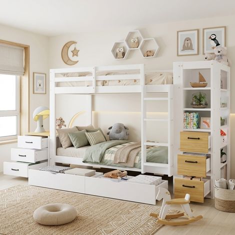 Lit superposé enfant 90x200 cm en bois avec rangement, 2 tiroirs, étagère latérale, échelle et table de chevet indépendante - Blanc (1/5)
