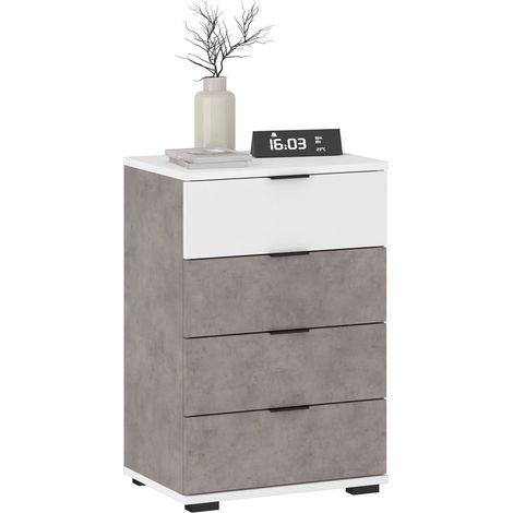 Idimex – Table de chevet 4 tiroirs – Mélaminé effet béton et blanc – Dimensions tiroirs 38x17x33 cm – Design moderne et facile d'entretien (1/4)
