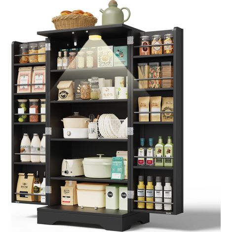 Vorratsschrank 120x60x40 cm Küchenschrank mit LED-Sensorlicht, 2 Türen, verstellbare Regalböden und Türablagen, schwarz