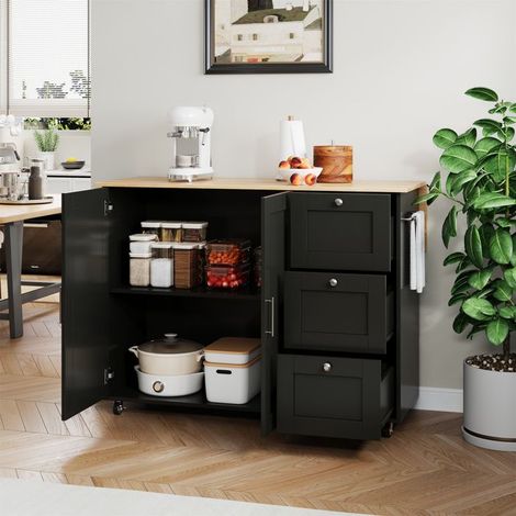 Îlot de cuisine - Modèle 135x44(70)x90 cm - Plateau chêne pliable - 3 tiroirs - 5 roulettes (2 freins) (1/5)
