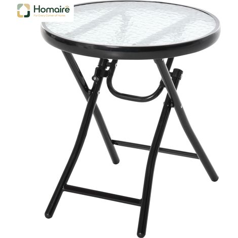 HOMAIRE Runder Klappgartentisch mit schwarzer Metallstruktur und Glasplatte Ø45cm für Balkon und Terrasse