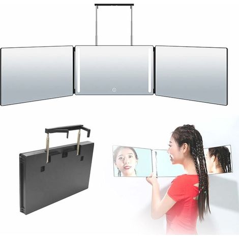 1 Miroir de maquillage, pliable trois faces, éclairage LED intégré, crochets télescopiques ajustables, pour salle de bain (1/5)