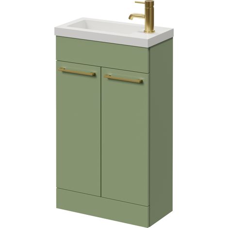Napoli 250 Olive Green 500mm 2 Door Vanity Unit with Square Silvo Basin - 500mm - Brushed Brass 160mm Handle
