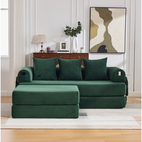 Sofá modular de terciopelo acanalado con ottoman, armazón metálico, 3 cojines, verde esmeralda (1/5)