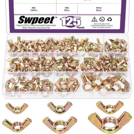 125Pcs 6Sizes M3 M4 M5 M6 M8 M10 Kit d'assortiment d'écrous de papillon en acier au carbone zinqué de couleur métrique,Torsion à la main serrer l'oreille écrou papillon de fixation en métal (1/5)