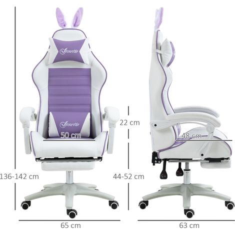 Fauteuil Gamer Oreilles de Lapin, Repose-pieds, Coussins, Inclinable et Hauteur Réglable, Violet (1/5)