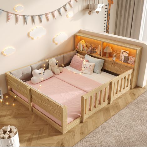 Lit enfant 140x200 cm lit adulte avec LED, tête de lit rangement, barrières de sécurité, panneau de particules et tissu peluche, naturel (1/5)
