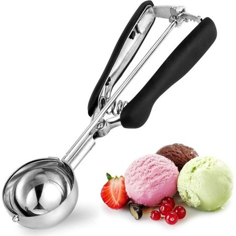 Paletta per gelato in acciaio inox. Diametro: 5 cm. Lunghezza: 22,5 cm. Capacità: 45 ml. Dotata di meccanismo di rilascio e design pratico. (1/5)