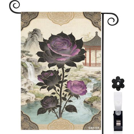 Drapeau vertical jardin zen et roses noires 30 x 45 cm décoration saisonnière cour (1/5)