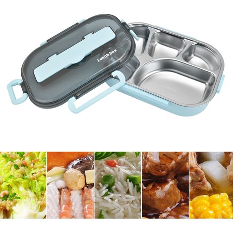 Boîte à lunch isotherme en acier inoxydable 304, compartimentée, idéale pour les employés de bureau, les enfants et les écoliers, bleue. (1/5)