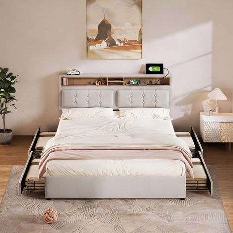 Cadre de lit beige en lin 204 x 143 x 92 cm (1/5)