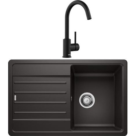 Blanco – Pack évier à encastrer LEGRA 45S 1 bac – Finition Silgranit® noir – Mitigeur MIDA col de cygne orientable 360° – Siphon inclus