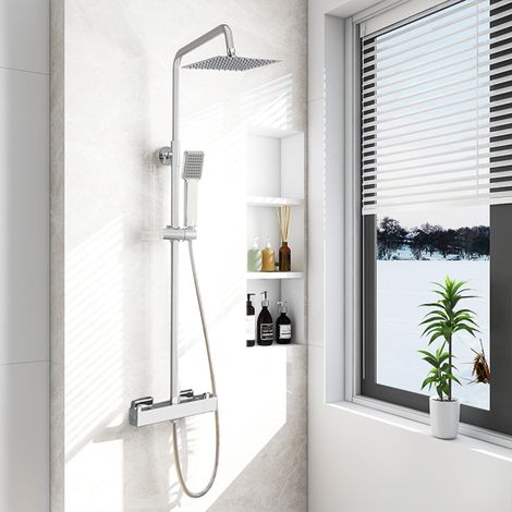Columna de Ducha Termostática AICA Cromado con Alcachofa, Rociador Superior y Barra Ajustable (1/5)