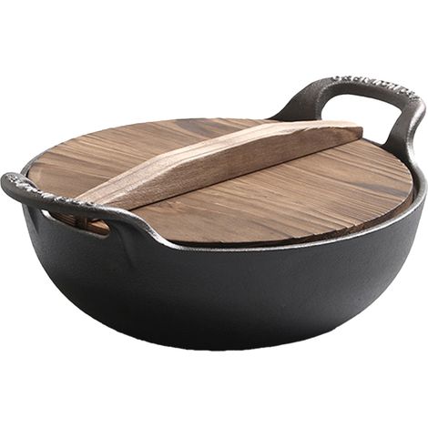 Poêle à frire antiadhésive à double poignée avec couvercle en bois pour table de cuisson à induction 32 cm/12,6 pouces Wok en fonte non revêtu (1/5)