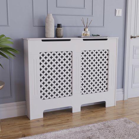 Cache-radiateur Blanc - Moyen - Motif croisé Traditionnel pour Une Circulation optimale - H82xW111xD19cm - MDF Peint Idéal pour Salon et Couloir (1/5)