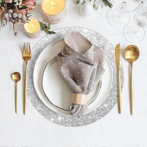 Sets de table argentés à paillettes en cuir, lot de 4, 39 cm (15,4 pouces), parfaits pour les fêtes, mariages, Thanksgiving et anniversaires. (1/4)